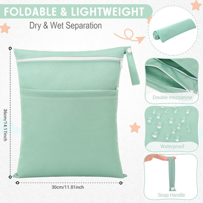 4 Pcs Waterproof Wet Dry Bags & Clear Travel Bag Pouches for Baby, Travel, Cloth Diapers, Beach, Swim Suit 12''x14'' Reusable Storage Bag with Pockets Handle, Easy to Clean(Blue)