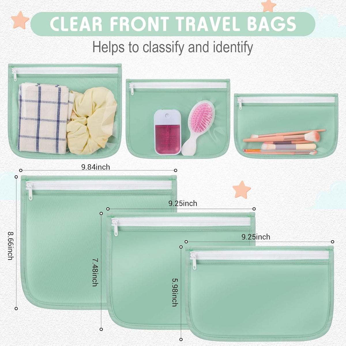 4 Pcs Waterproof Wet Dry Bags & Clear Travel Bag Pouches for Baby, Travel, Cloth Diapers, Beach, Swim Suit 12''x14'' Reusable Storage Bag with Pockets Handle, Easy to Clean(Blue)