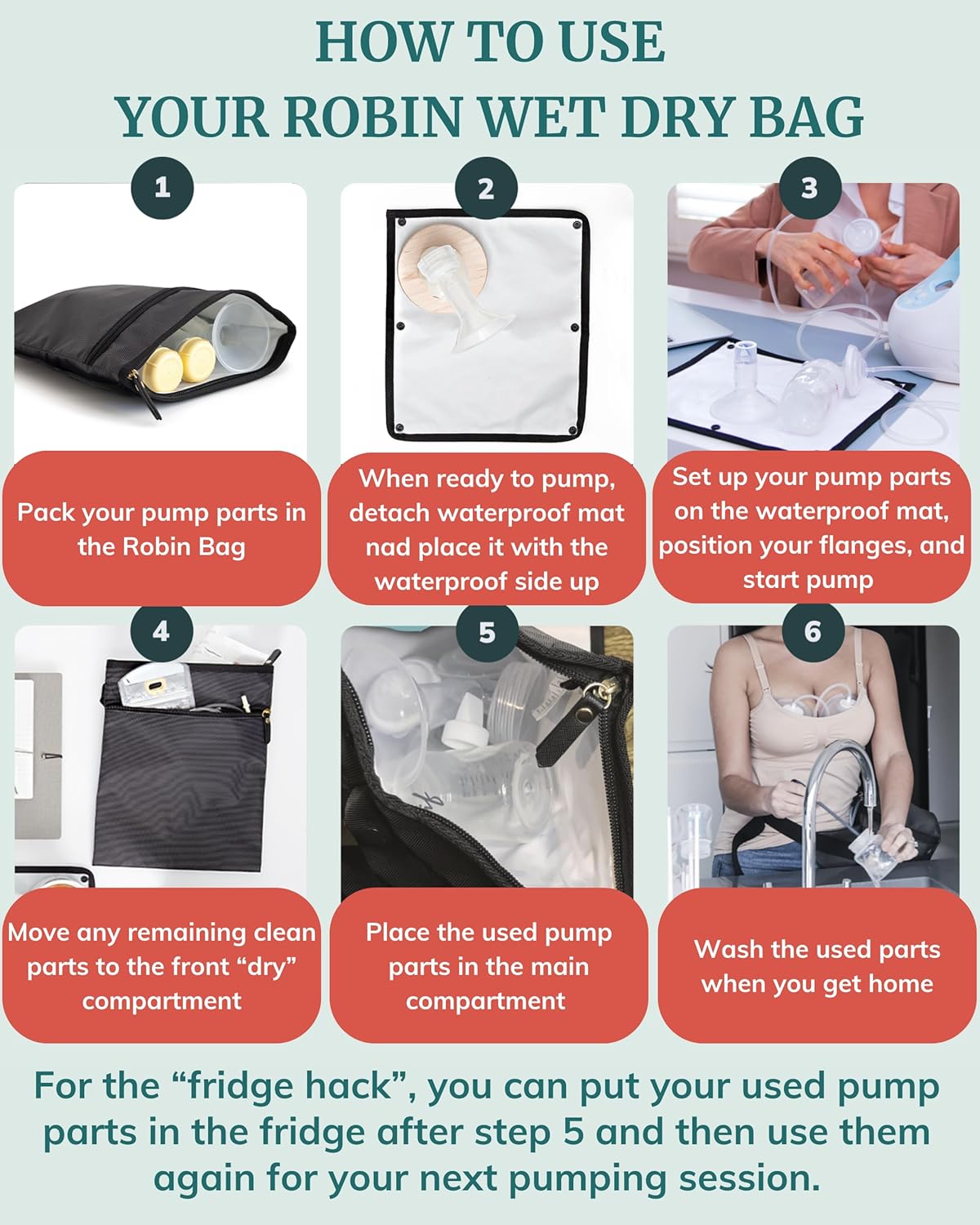 Wet Dry Bag - Waterproof Wet Bag for Travel, Wetbag for Swimsuit, Diaper, Clothes, Period Underwear - Breast Pump Parts Organizer - Zippered Pouch with Waterproof Mat - Robin