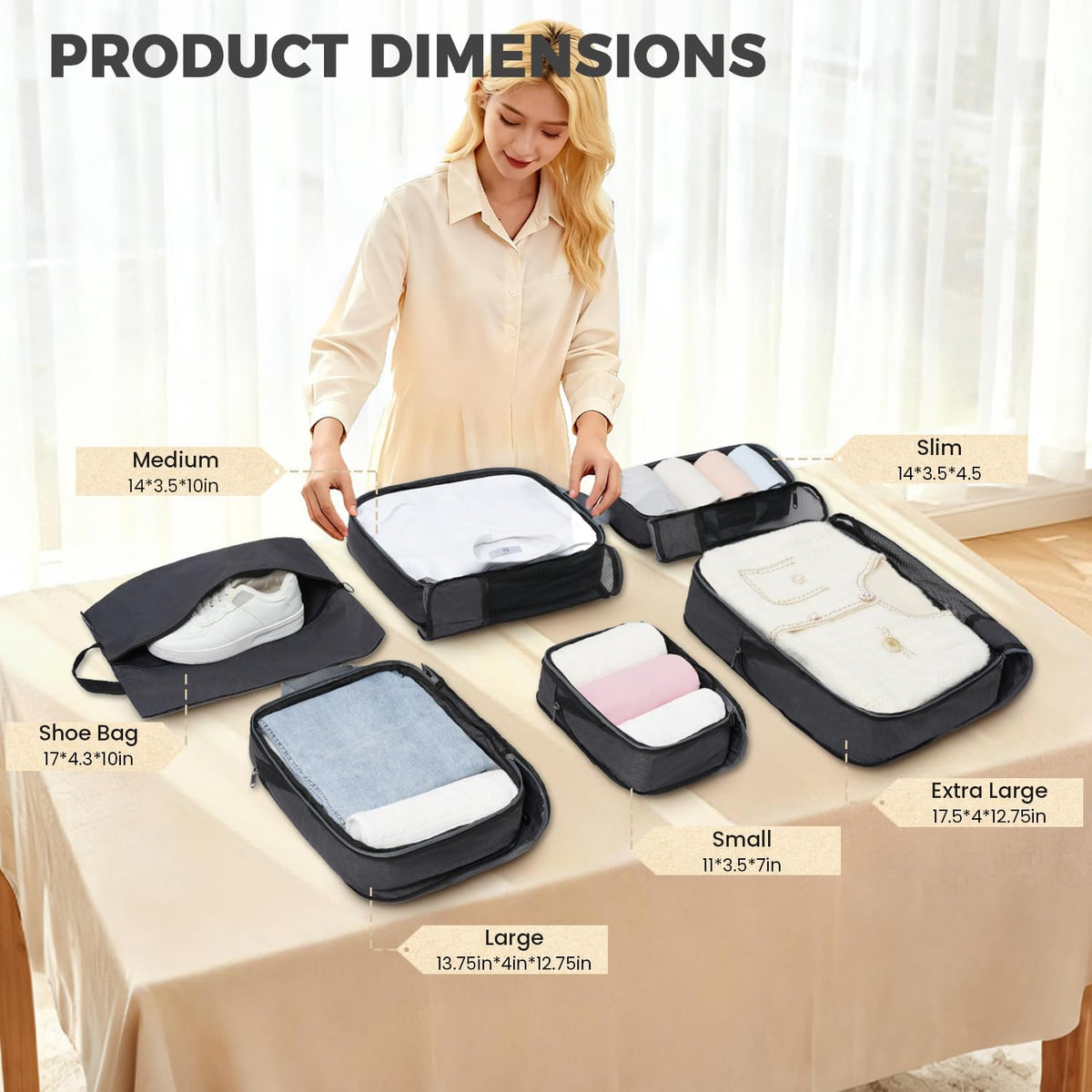 6 Set Lightweight Compression Packing Cubes with Packing List, Anti-Tearing Expandable Organizer Bags for Travel, Matcha Green