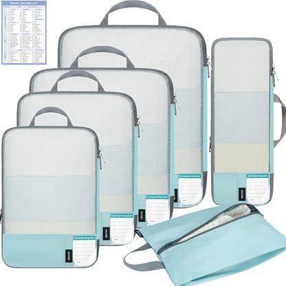 6 Set Lightweight Compression Packing Cubes with Packing List, Anti-Tearing Expandable Organizer Bags for Travel, Matcha Green