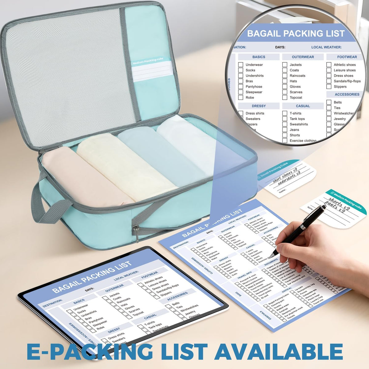 6 Set Lightweight Compression Packing Cubes with Packing List, Anti-Tearing Expandable Organizer Bags for Travel, Matcha Green