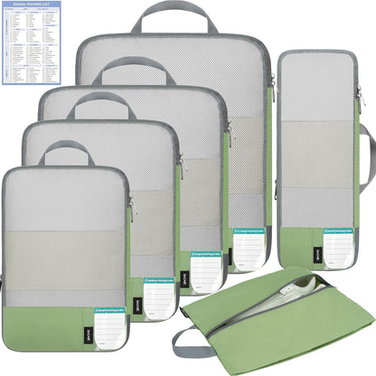 6 Set Lightweight Compression Packing Cubes with Packing List, Anti-Tearing Expandable Organizer Bags for Travel, Matcha Green