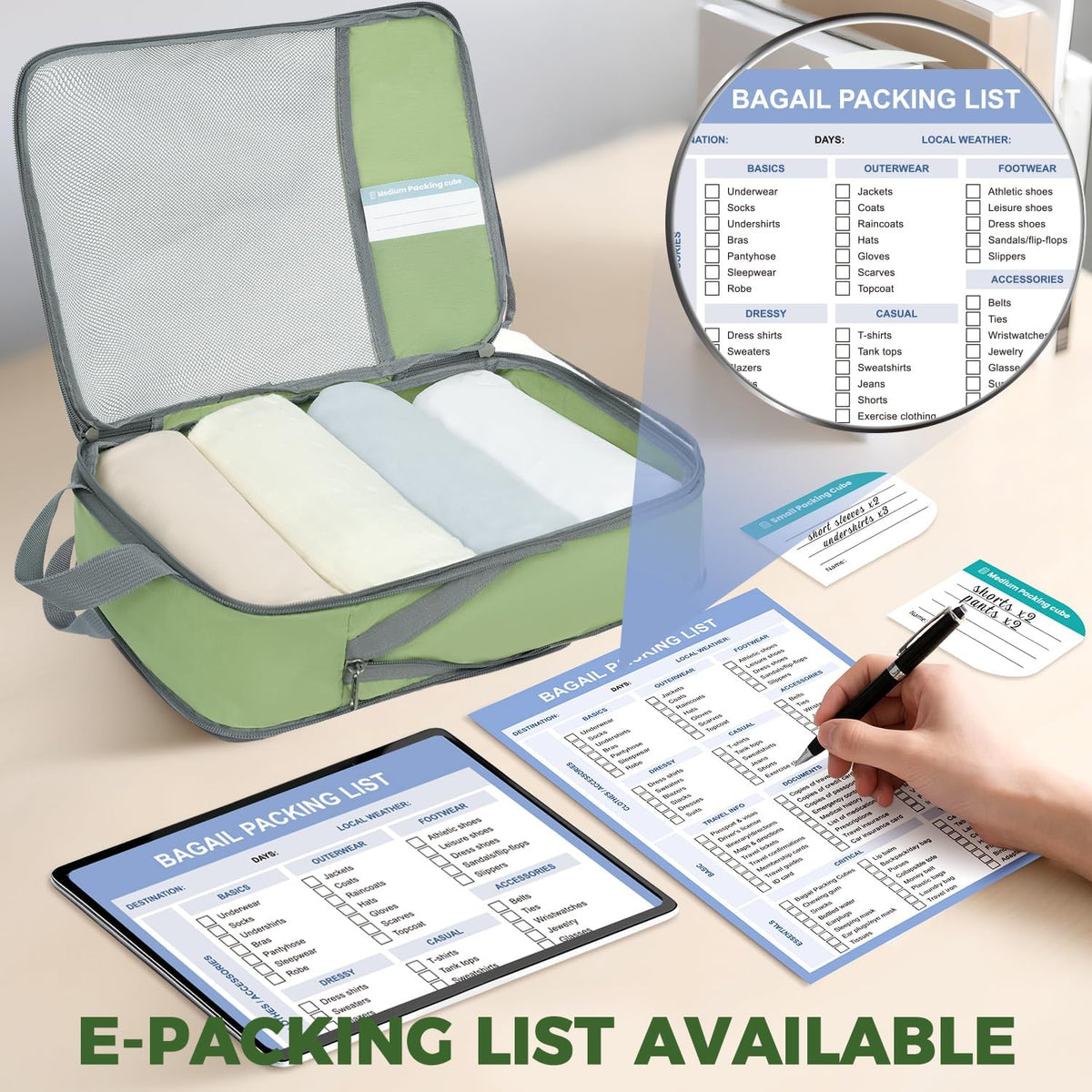 6 Set Lightweight Compression Packing Cubes with Packing List, Anti-Tearing Expandable Organizer Bags for Travel, Matcha Green