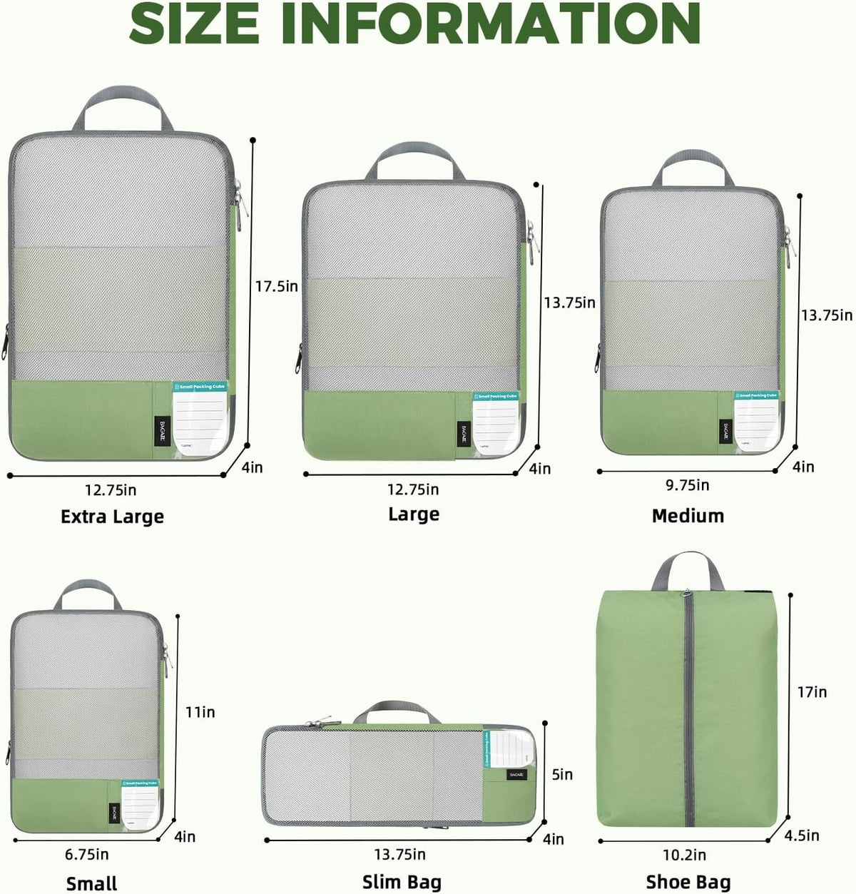 6 Set Lightweight Compression Packing Cubes with Packing List, Anti-Tearing Expandable Organizer Bags for Travel, Matcha Green