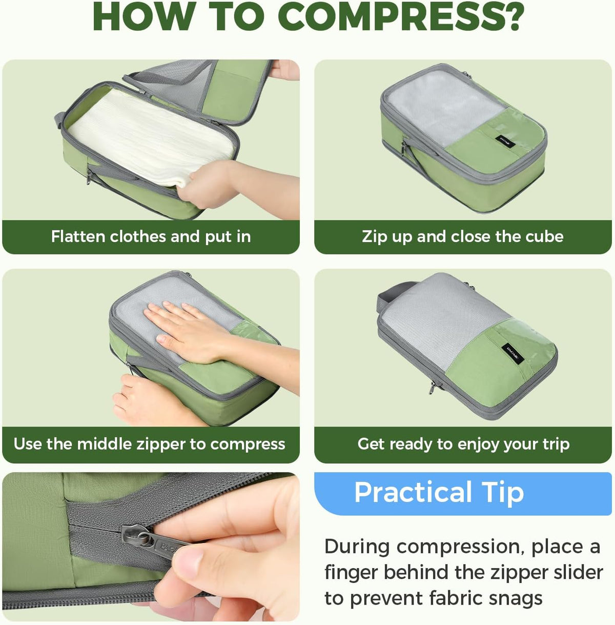 6 Set Lightweight Compression Packing Cubes with Packing List, Anti-Tearing Expandable Organizer Bags for Travel, Matcha Green