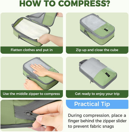 6 Set Lightweight Compression Packing Cubes with Packing List, Anti-Tearing Expandable Organizer Bags for Travel, Matcha Green