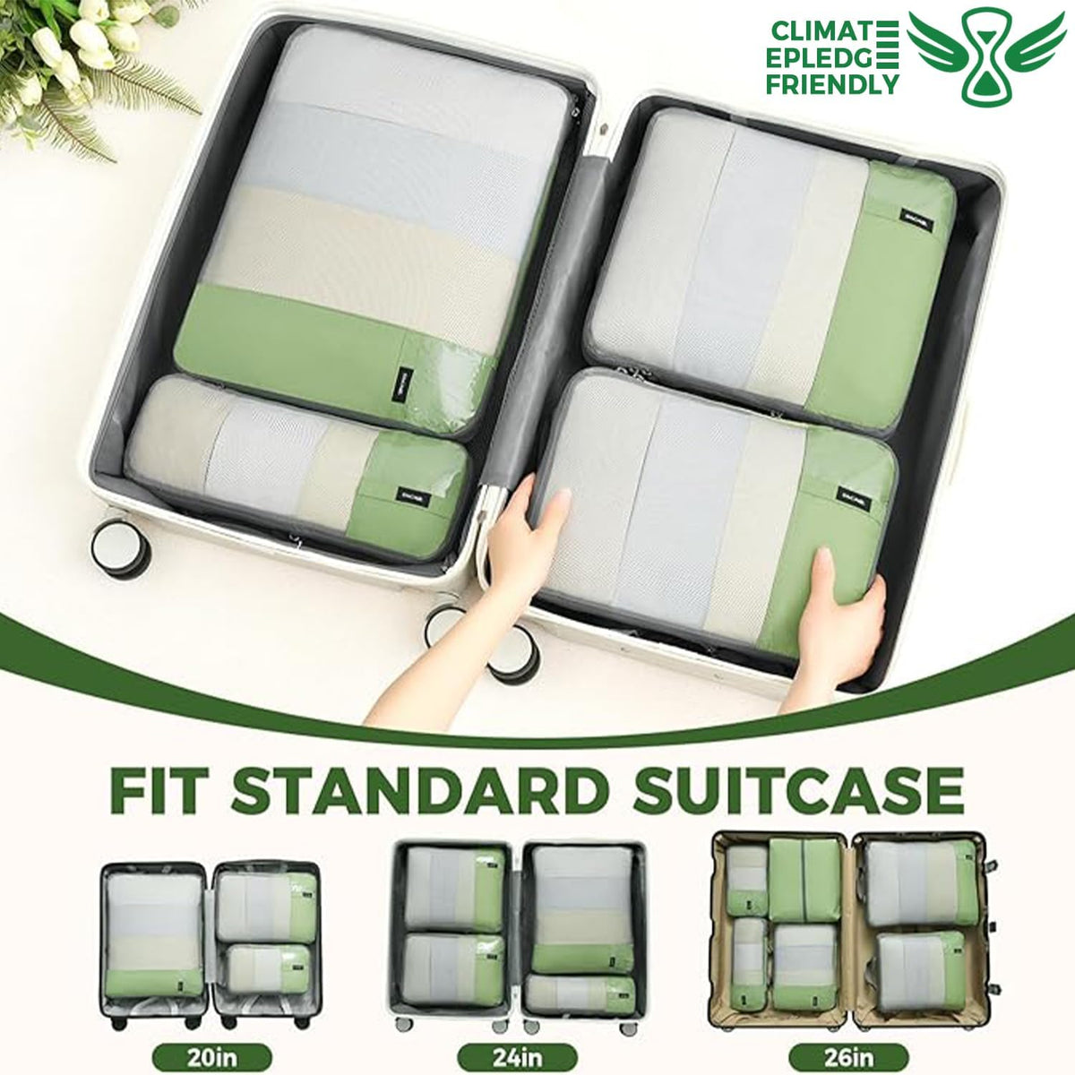 6 Set Lightweight Compression Packing Cubes with Packing List, Anti-Tearing Expandable Organizer Bags for Travel, Matcha Green