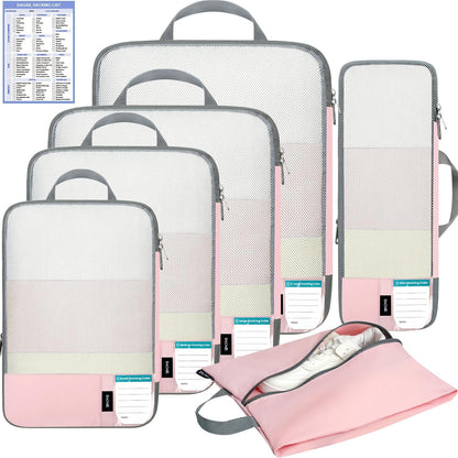 6 Set Lightweight Compression Packing Cubes with Packing List, Anti-Tearing Expandable Organizer Bags for Travel, Matcha Green