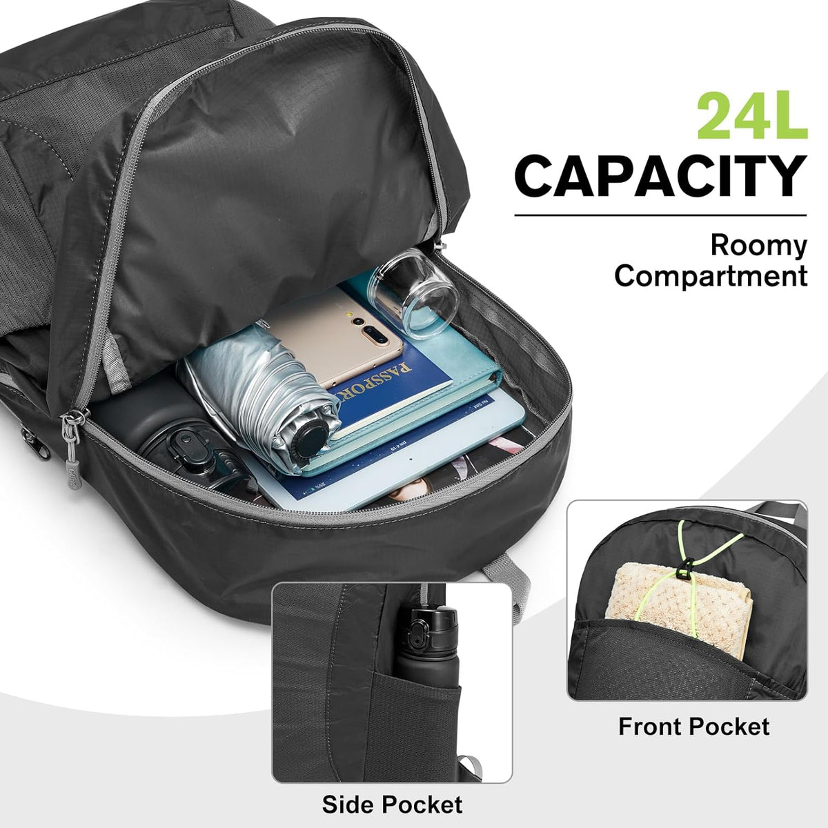 24L Lightweight Packable Hiking Backpack Sport Travel Daypack Water Resistant for Women Men | Water Resistant Material, 11.4*7.9*18.5 in, Outdoor Sports, Travel, Hiking, Day trips, Cycling, Daily Use, Foldable Backpack