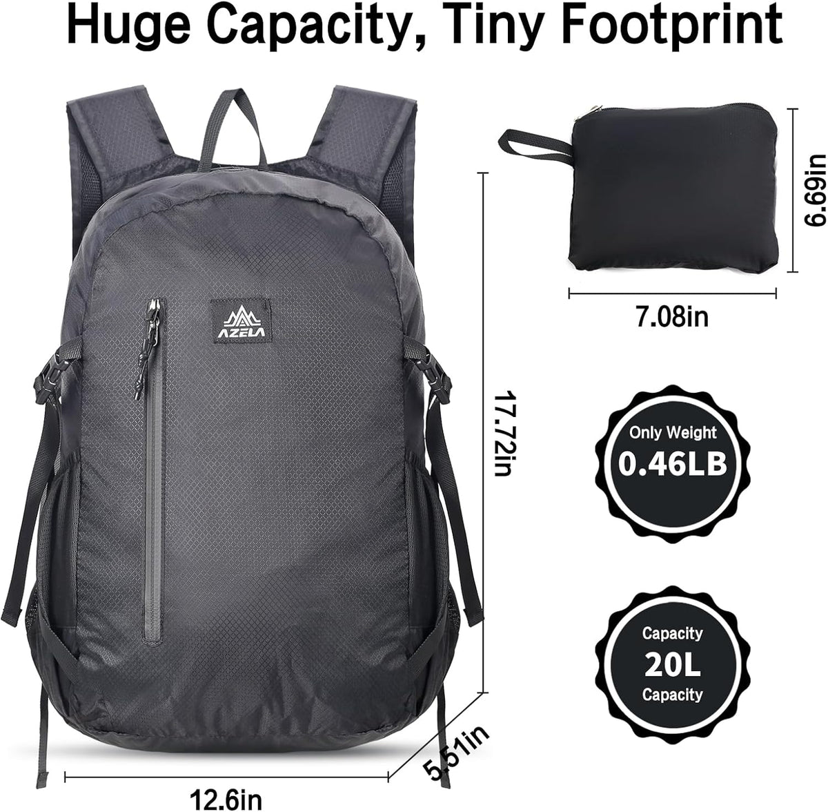 20L Packable Backpack Lightweight Waterproof Foldable Daypack Hiking Daypack for Men Women Reusable Packable Bag Outdoor Camping Hiking Travel Cycling (Black)