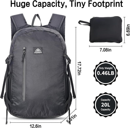 20L Packable Backpack Lightweight Waterproof Foldable Daypack Hiking Daypack for Men Women Reusable Packable Bag Outdoor Camping Hiking Travel Cycling (Black)