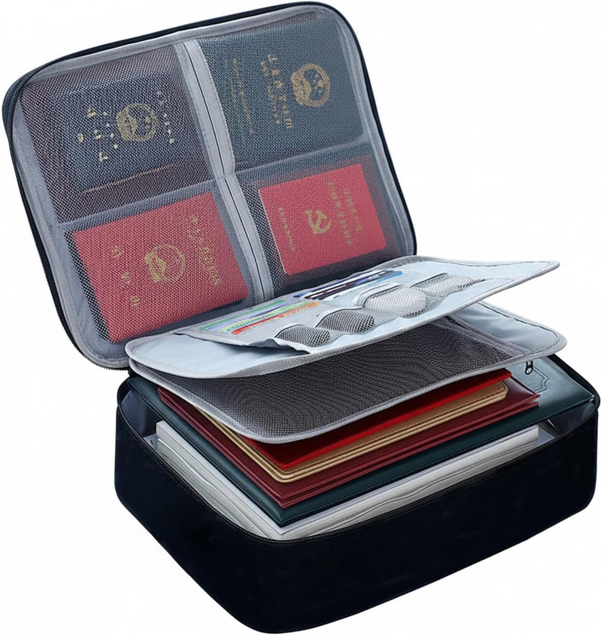 Travel Document Organizer with Zipper, Expanding File Folder for Passports & Tickets, Durable Oxford Cloth Wallet for Airport Check-in (Black)