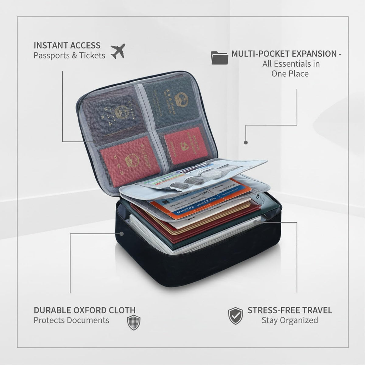 Travel Document Organizer with Zipper, Expanding File Folder for Passports & Tickets, Durable Oxford Cloth Wallet for Airport Check-in (Black)