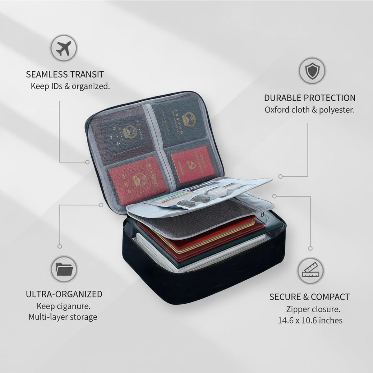 Travel Document Organizer with Zipper, Expanding File Folder for Passports & Tickets, Durable Oxford Cloth Wallet for Airport Check-in (Black)