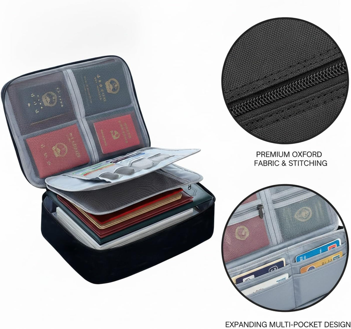 Travel Document Organizer with Zipper, Expanding File Folder for Passports & Tickets, Durable Oxford Cloth Wallet for Airport Check-in (Black)
