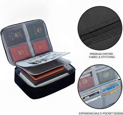 Travel Document Organizer with Zipper, Expanding File Folder for Passports & Tickets, Durable Oxford Cloth Wallet for Airport Check-in (Black)