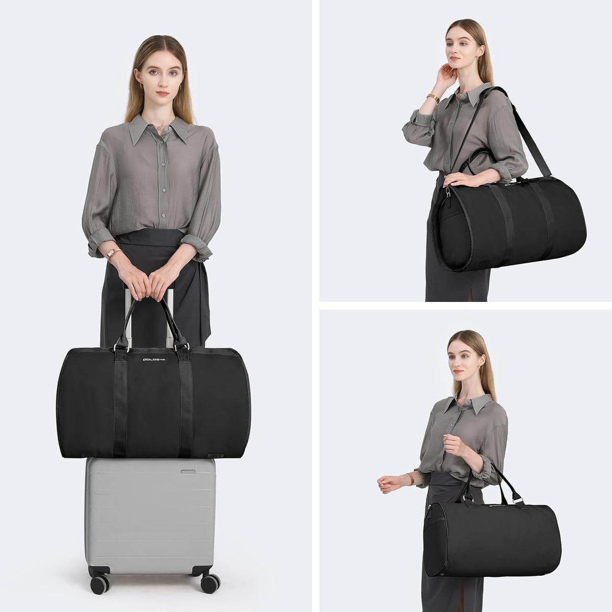 3Pcs Garment Duffle Bags for Travel Convertible Carry on Garment Bag for Women Men Travel Duffle Bag Includes Shoe Pouch & Hanging Suit Bag for Clothes/Dresses, Black