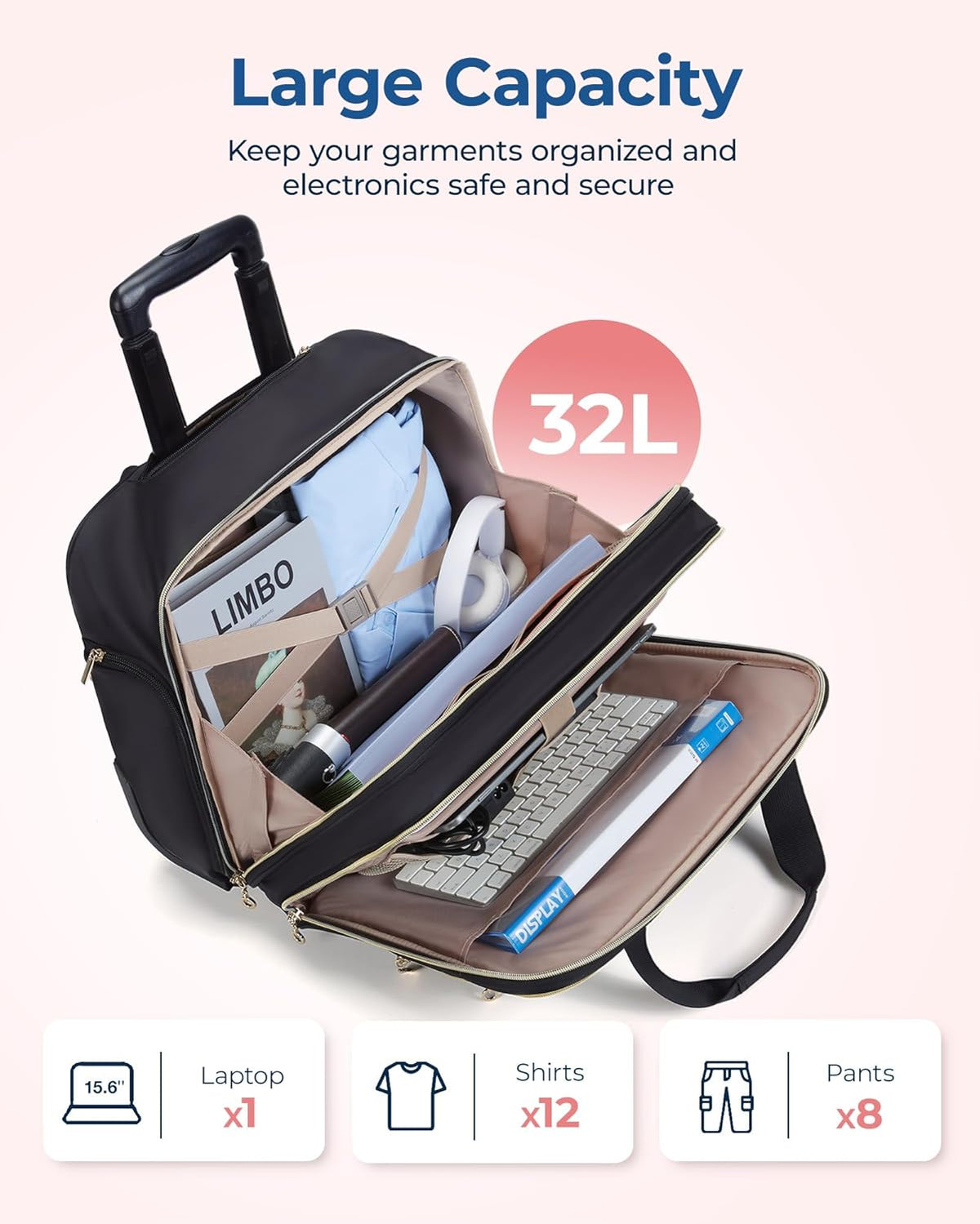 Women's Rolling Laptop Bag for 15.6 Inch Laptop, Black | Underseat Carry-On Luggage with TSA Lock, Wheeled Computer Briefcase for Travel Work Business