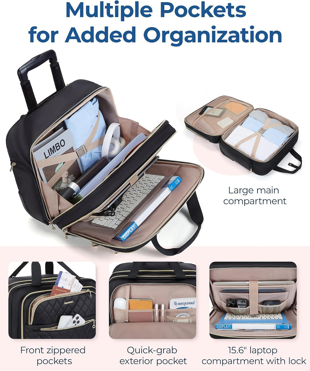 Women's Rolling Laptop Bag for 15.6 Inch Laptop, Black | Underseat Carry-On Luggage with TSA Lock, Wheeled Computer Briefcase for Travel Work Business