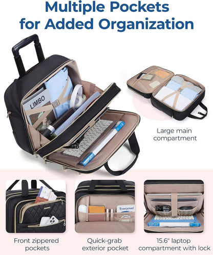 Women's Rolling Laptop Bag for 15.6 Inch Laptop, Black | Underseat Carry-On Luggage with TSA Lock, Wheeled Computer Briefcase for Travel Work Business