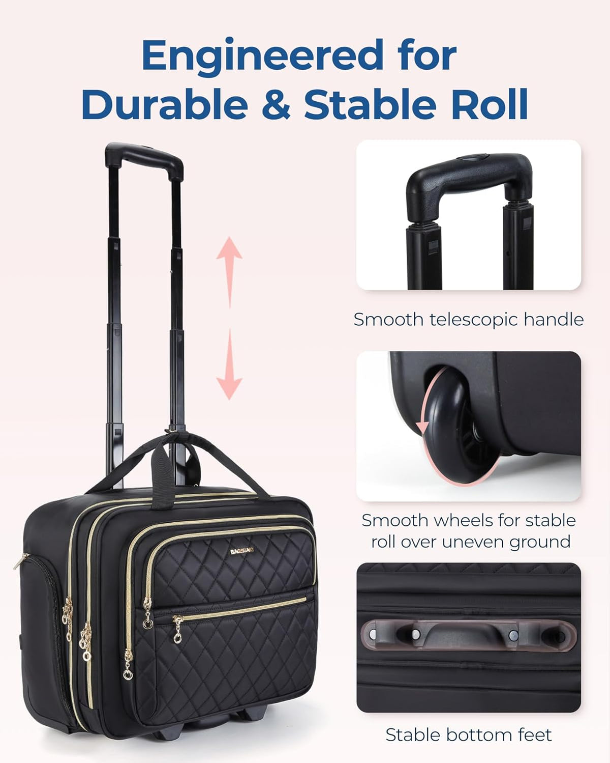 Women's Rolling Laptop Bag for 15.6 Inch Laptop, Black | Underseat Carry-On Luggage with TSA Lock, Wheeled Computer Briefcase for Travel Work Business