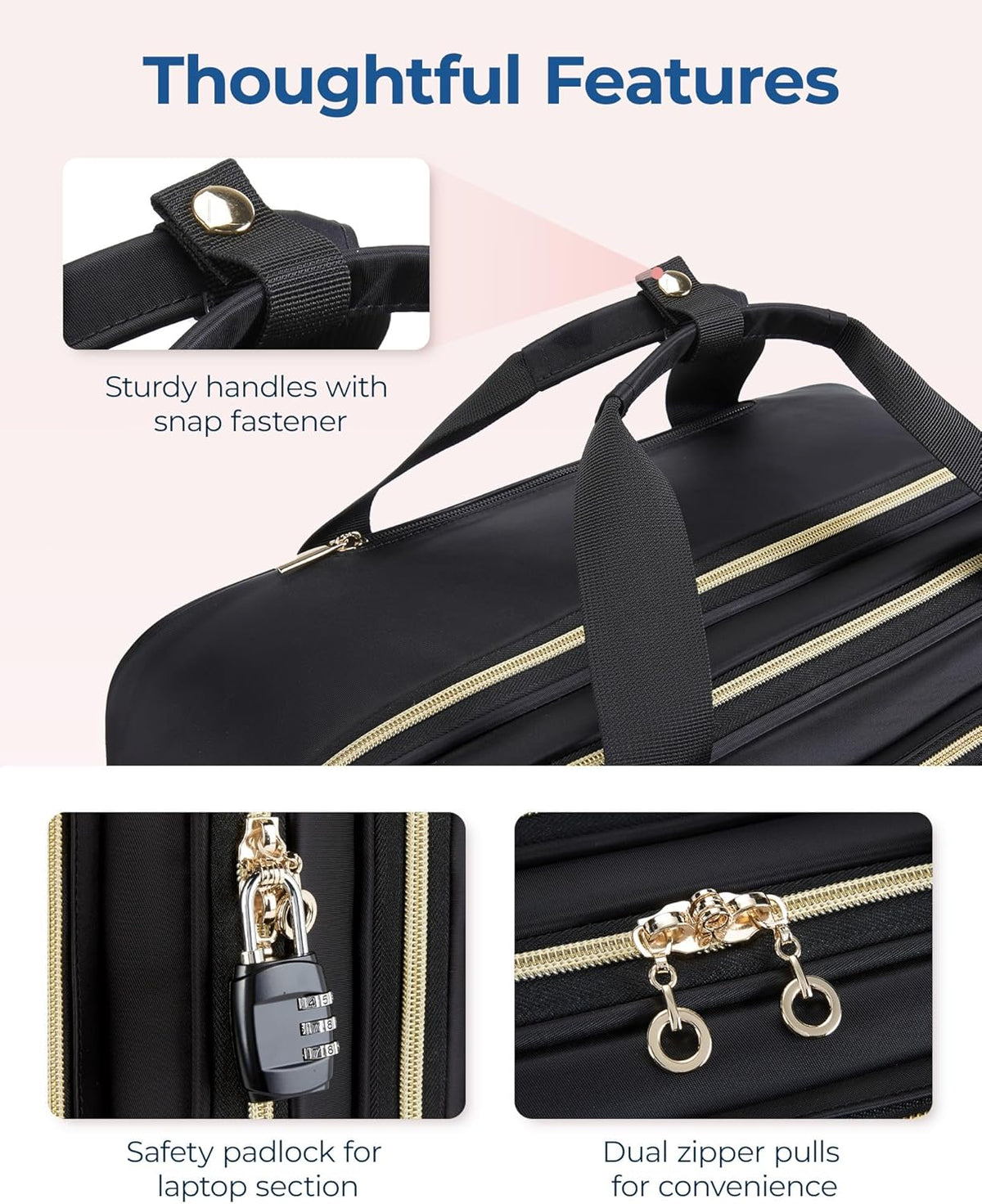 Women's Rolling Laptop Bag for 15.6 Inch Laptop, Black | Underseat Carry-On Luggage with TSA Lock, Wheeled Computer Briefcase for Travel Work Business
