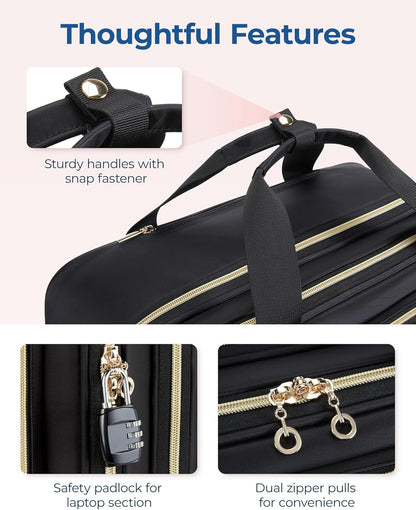 Women's Rolling Laptop Bag for 15.6 Inch Laptop, Black | Underseat Carry-On Luggage with TSA Lock, Wheeled Computer Briefcase for Travel Work Business