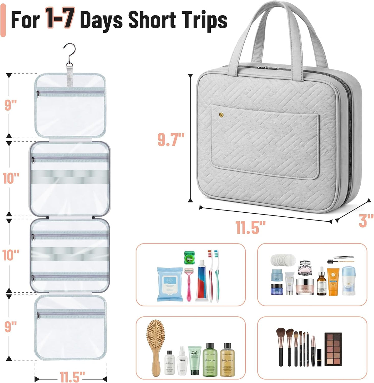 Travel Toiletry Bag Organizers, Gray | Makeup Travel Bag for Toiletries with Hanging Hook, Water-Resistant