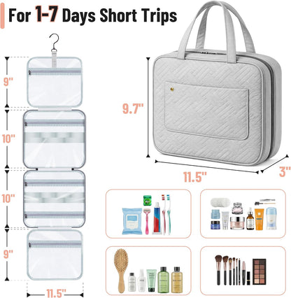 Travel Toiletry Bag Organizers, Gray | Makeup Travel Bag for Toiletries with Hanging Hook, Water-Resistant