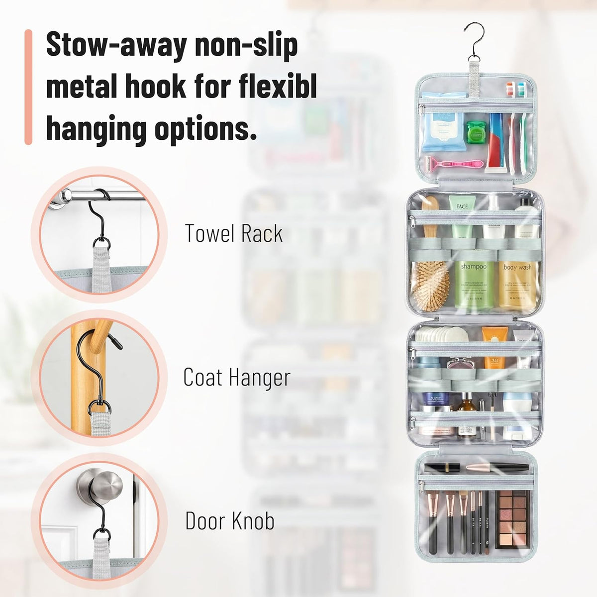 Travel Toiletry Bag Organizers, Gray | Makeup Travel Bag for Toiletries with Hanging Hook, Water-Resistant
