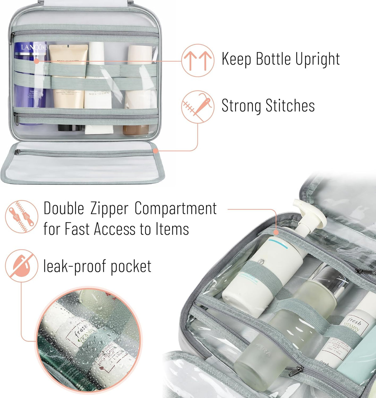 Travel Toiletry Bag Organizers, Gray | Makeup Travel Bag for Toiletries with Hanging Hook, Water-Resistant