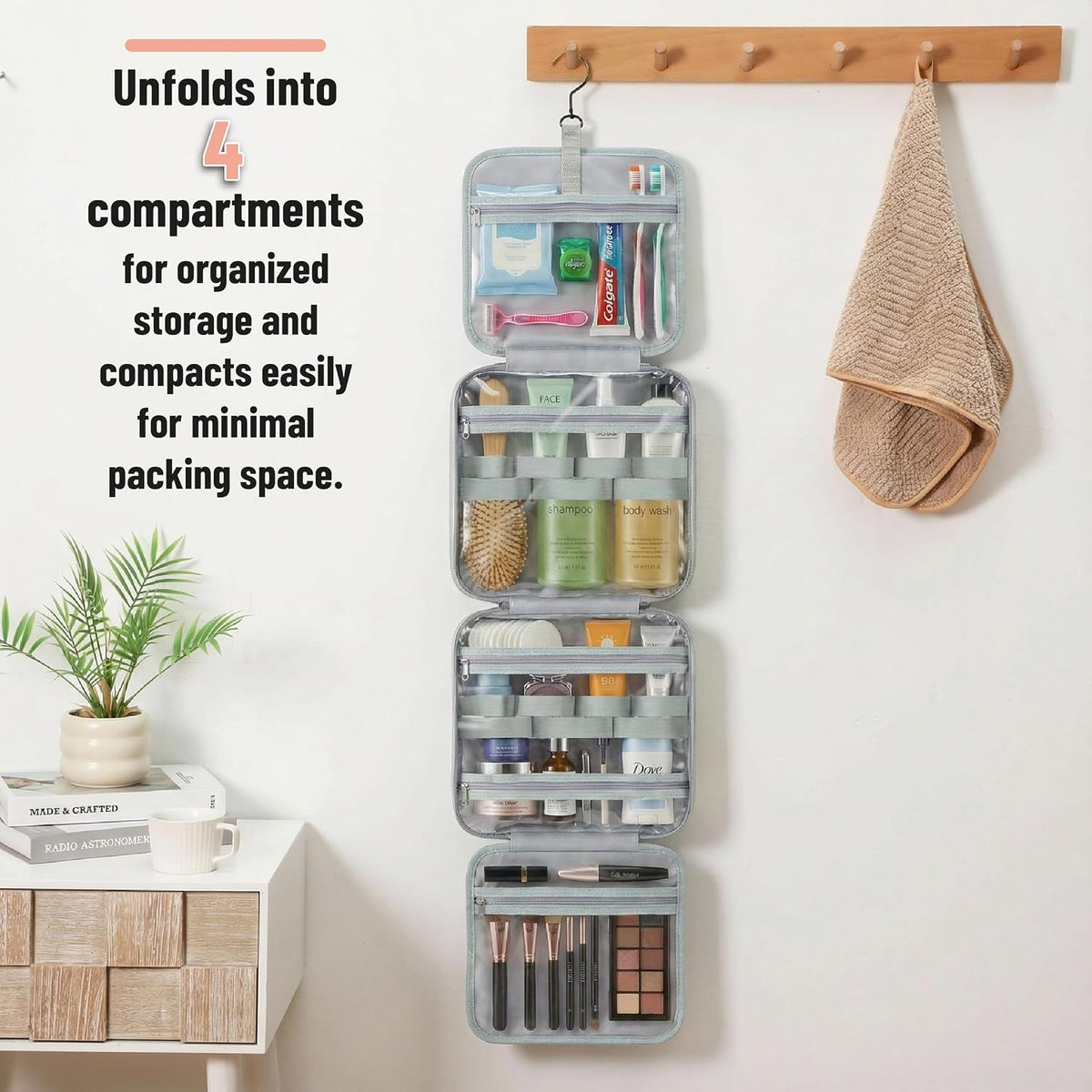 Travel Toiletry Bag Organizers, Gray | Makeup Travel Bag for Toiletries with Hanging Hook, Water-Resistant
