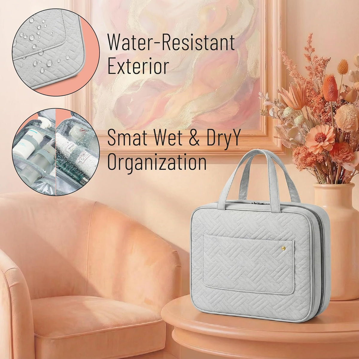 Travel Toiletry Bag Organizers, Gray | Makeup Travel Bag for Toiletries with Hanging Hook, Water-Resistant