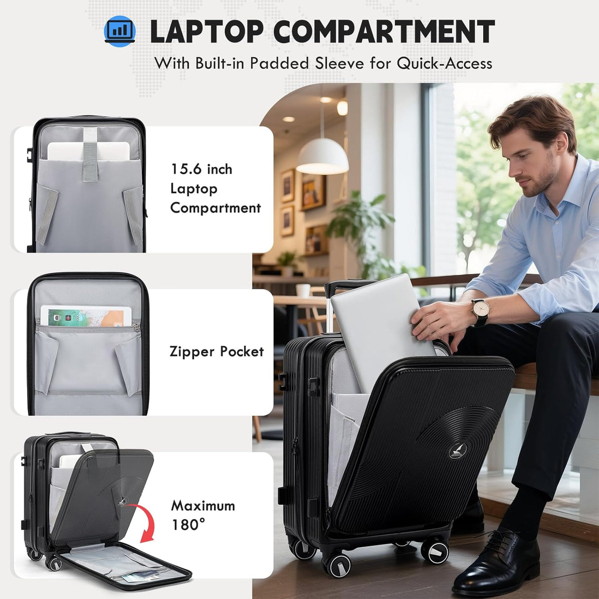 Carry on Luggage 20 Inch Expandable, Airline Approved Carry on Suitcase with Front Compartment & Top Opening Hard Shell Rolling Travel Luggage with TSA Lock & Spinner Wheels, Black