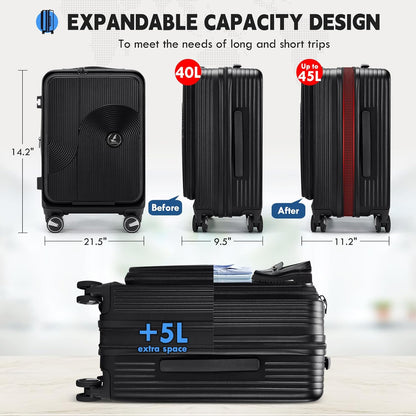 Carry on Luggage 20 Inch Expandable, Airline Approved Carry on Suitcase with Front Compartment & Top Opening Hard Shell Rolling Travel Luggage with TSA Lock & Spinner Wheels, Black