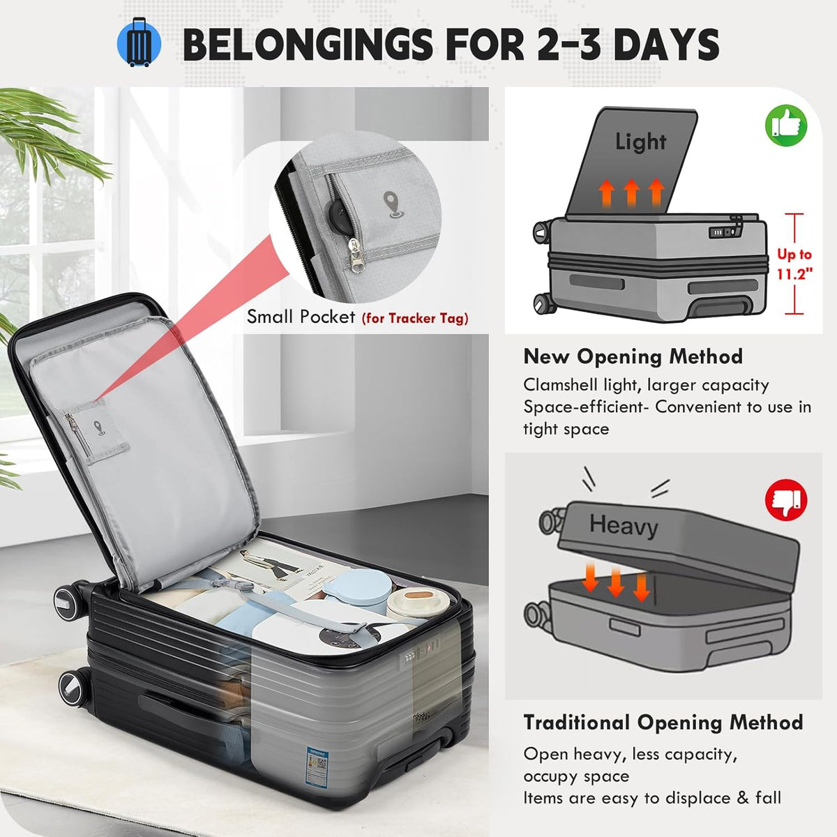 Carry on Luggage 20 Inch Expandable, Airline Approved Carry on Suitcase with Front Compartment & Top Opening Hard Shell Rolling Travel Luggage with TSA Lock & Spinner Wheels, Black