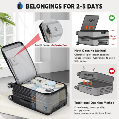 Carry on Luggage 20 Inch Expandable, Airline Approved Carry on Suitcase with Front Compartment & Top Opening Hard Shell Rolling Travel Luggage with TSA Lock & Spinner Wheels, Black
