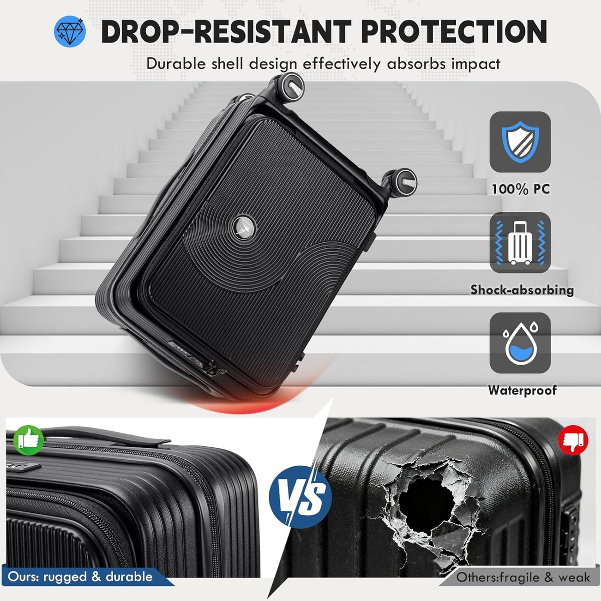 Carry on Luggage 20 Inch Expandable, Airline Approved Carry on Suitcase with Front Compartment & Top Opening Hard Shell Rolling Travel Luggage with TSA Lock & Spinner Wheels, Black