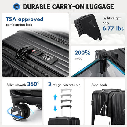 Carry on Luggage 20 Inch Expandable, Airline Approved Carry on Suitcase with Front Compartment & Top Opening Hard Shell Rolling Travel Luggage with TSA Lock & Spinner Wheels, Black