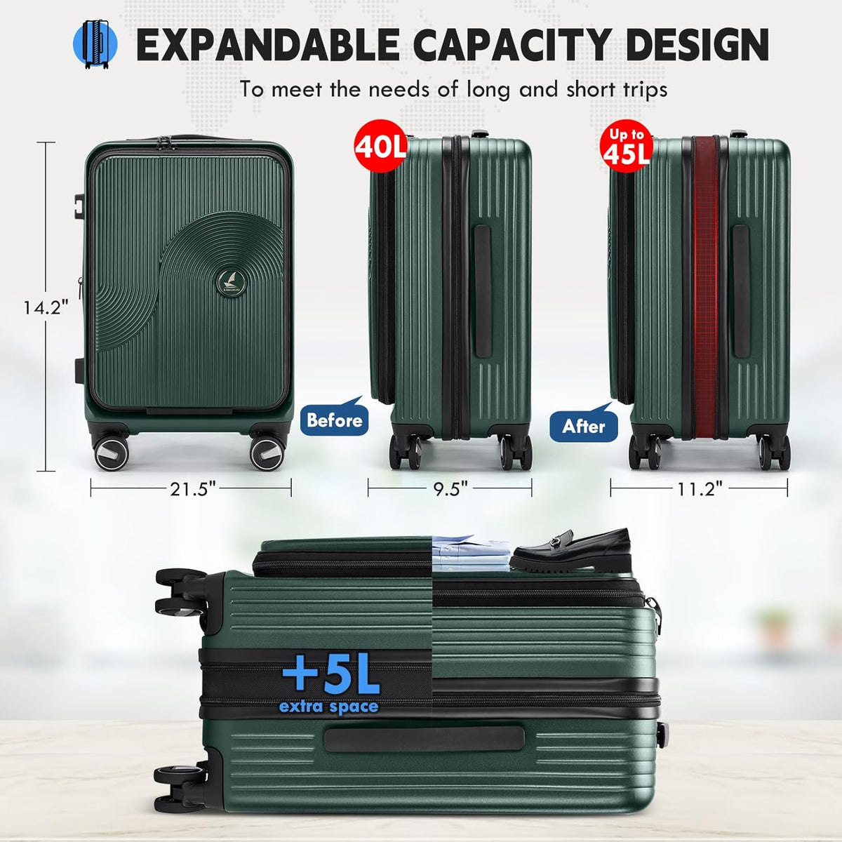 Carry on Luggage 20 Inch Expandable, Airline Approved Carry on Suitcase with Front Compartment & Top Opening Hard Shell Rolling Travel Luggage with TSA Lock & Spinner Wheels, Black