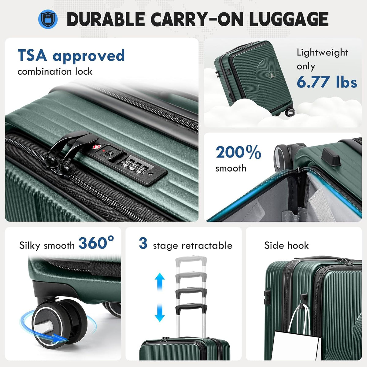 Carry on Luggage 20 Inch Expandable, Airline Approved Carry on Suitcase with Front Compartment & Top Opening Hard Shell Rolling Travel Luggage with TSA Lock & Spinner Wheels, Black