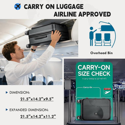 Carry on Luggage 20 Inch Expandable, Airline Approved Carry on Suitcase with Front Compartment & Top Opening Hard Shell Rolling Travel Luggage with TSA Lock & Spinner Wheels, Black