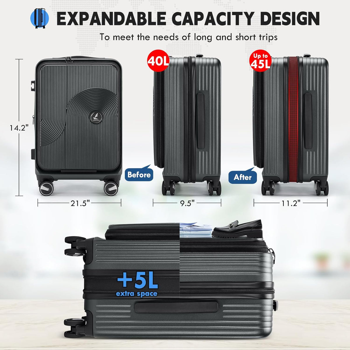 Carry on Luggage 20 Inch Expandable, Airline Approved Carry on Suitcase with Front Compartment & Top Opening Hard Shell Rolling Travel Luggage with TSA Lock & Spinner Wheels, Black