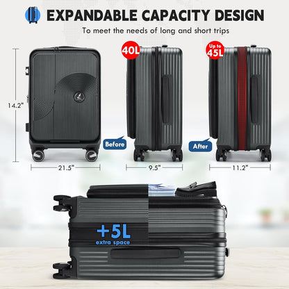 Carry on Luggage 20 Inch Expandable, Airline Approved Carry on Suitcase with Front Compartment & Top Opening Hard Shell Rolling Travel Luggage with TSA Lock & Spinner Wheels, Black