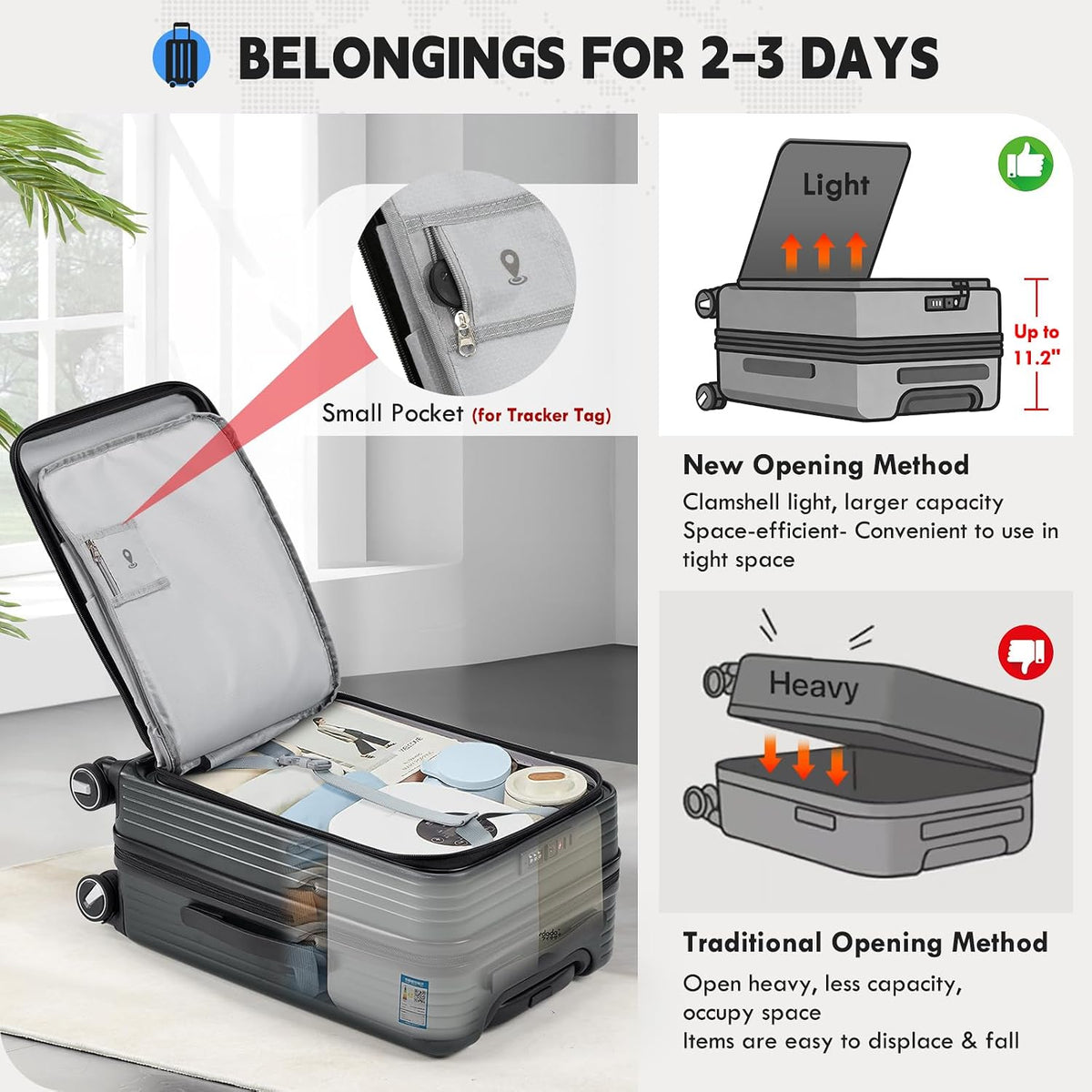 Carry on Luggage 20 Inch Expandable, Airline Approved Carry on Suitcase with Front Compartment & Top Opening Hard Shell Rolling Travel Luggage with TSA Lock & Spinner Wheels, Black