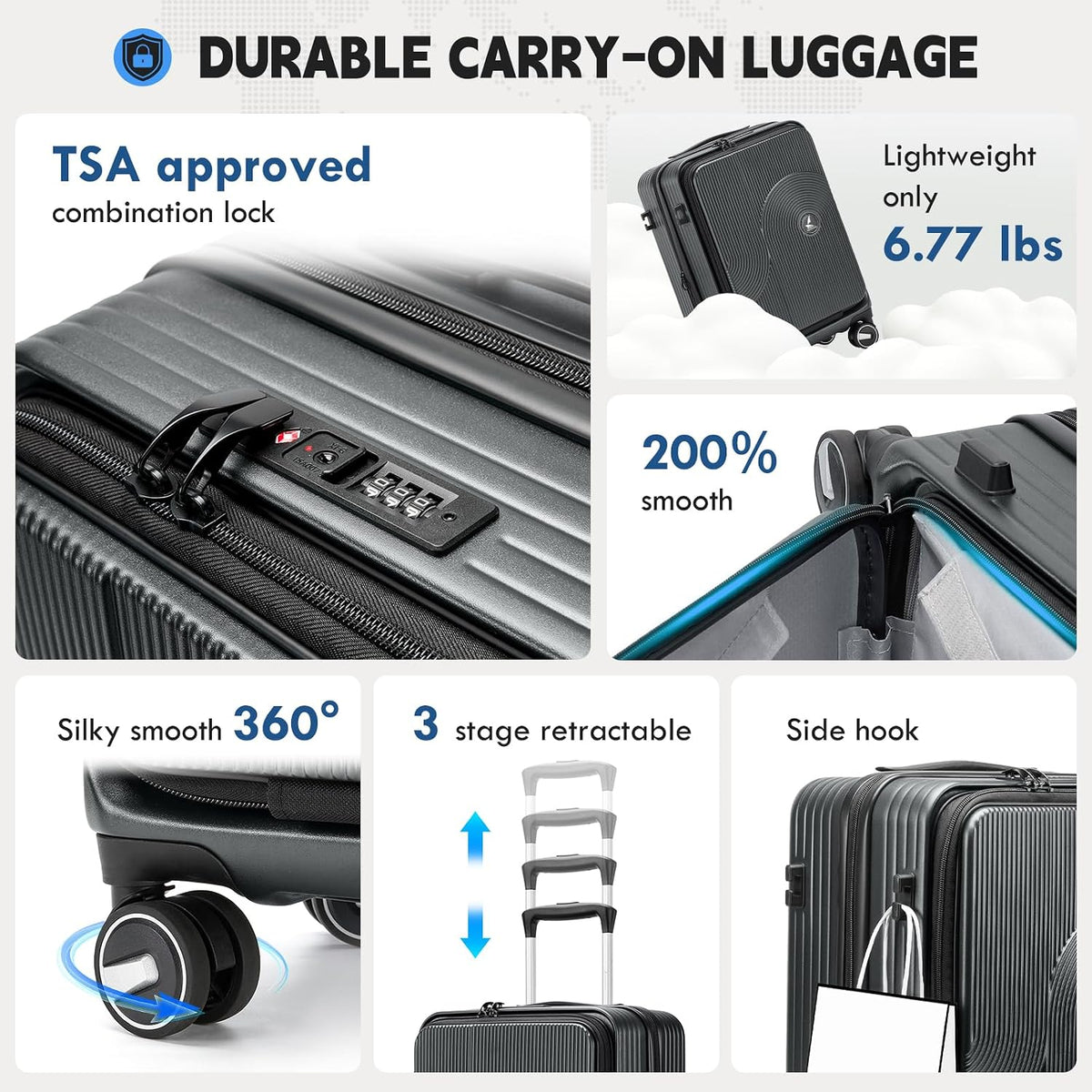 Carry on Luggage 20 Inch Expandable, Airline Approved Carry on Suitcase with Front Compartment & Top Opening Hard Shell Rolling Travel Luggage with TSA Lock & Spinner Wheels, Black