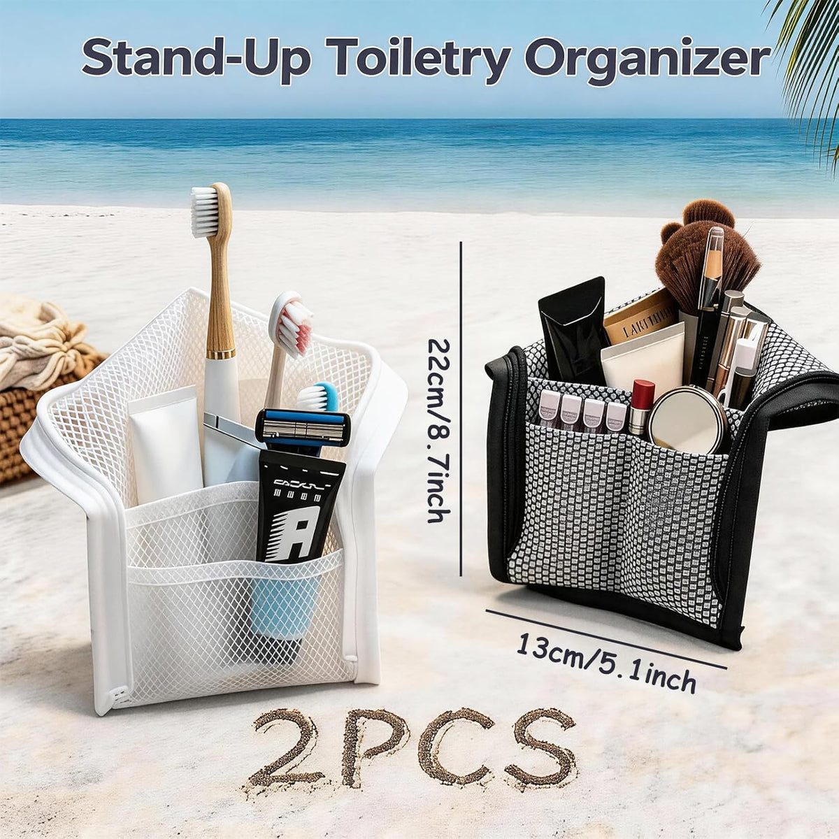 2 PCS Standing Toiletry Bag, Foldable Hanging Travel Cosmetic Organizer, Large Capacity for Toothbrush and Toiletries (Black+White)
