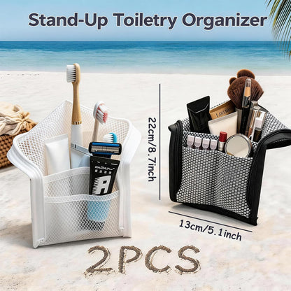 2 PCS Standing Toiletry Bag, Foldable Hanging Travel Cosmetic Organizer, Large Capacity for Toothbrush and Toiletries (Black+White)