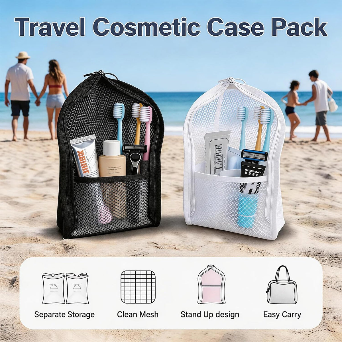 2 PCS Standing Toiletry Bag, Foldable Hanging Travel Cosmetic Organizer, Large Capacity for Toothbrush and Toiletries (Black+White)
